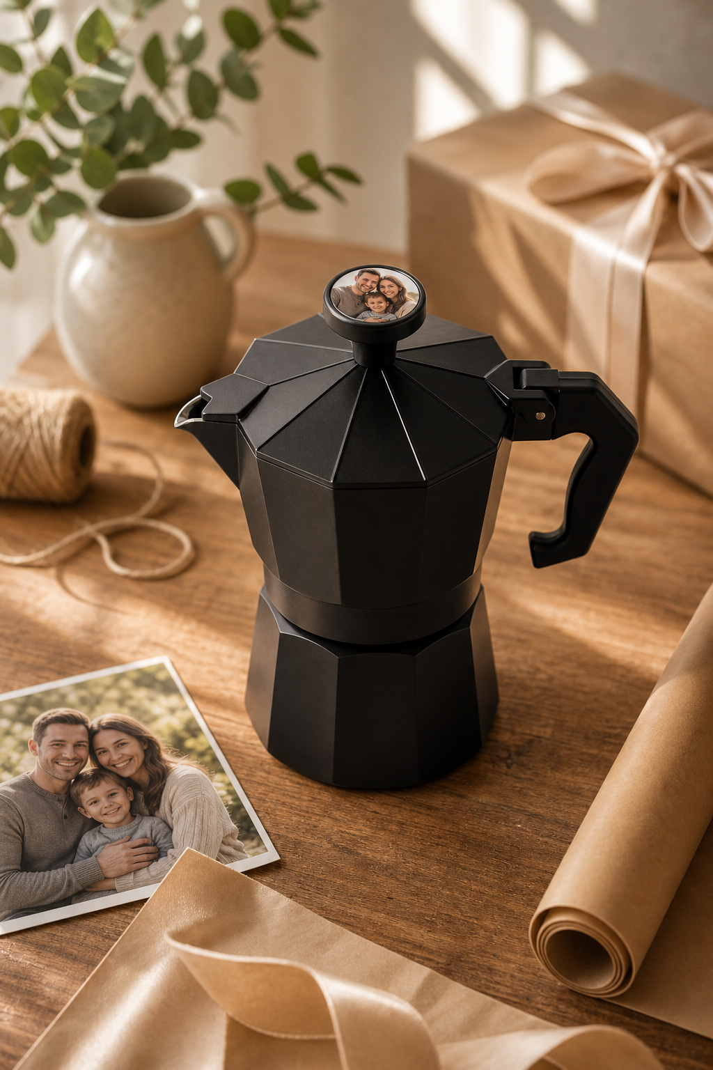 Personalised moka pot gift wrapping scene