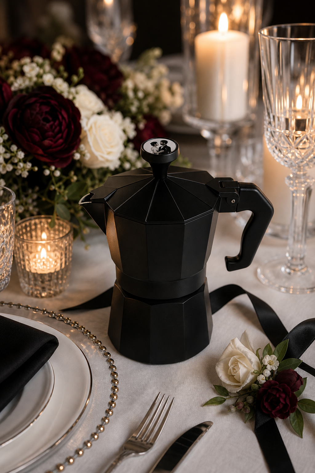 Wedding keepsake moka pot table scene
